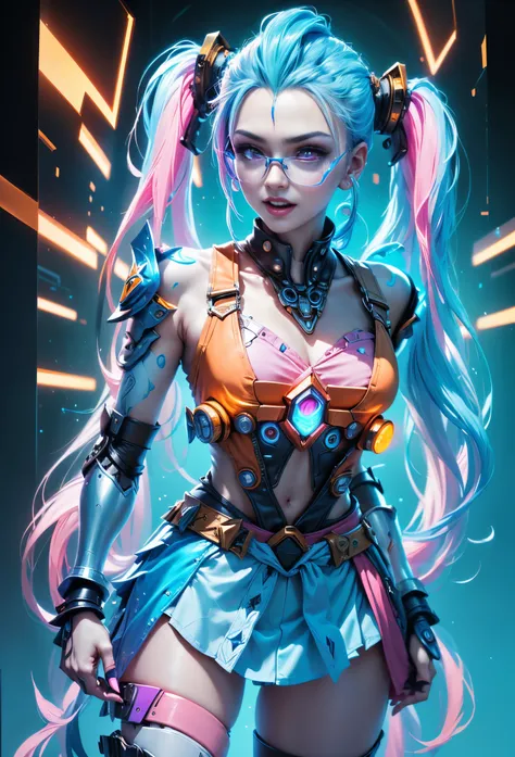 Jinx1024, Game character design，3D character rendering，(((Vector illustration style)))，League of Legends Jinx，((1girl，(Blue double ponytail: 1.5)，Blue braids，Red eyes，big laughter，future warrior，(Pink mechanical skirt: 1.3)，(A luminous magazine is tied aro...