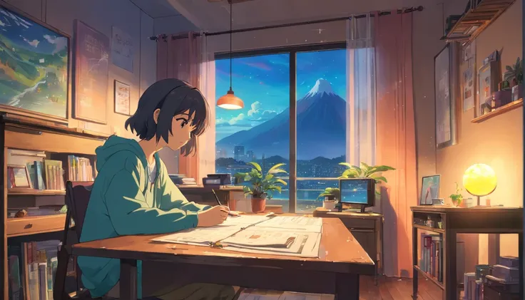 (Best quality at best,4K,8K,A high resolution,tmasterpiece:1.2),ultra - detailed,(actual,realisticlying,Photorealistic:1.37),A man studying in his room,read a book,with headphones on,a night light,Neon light landscape on rainy day,Simulate color themes,Lo-...