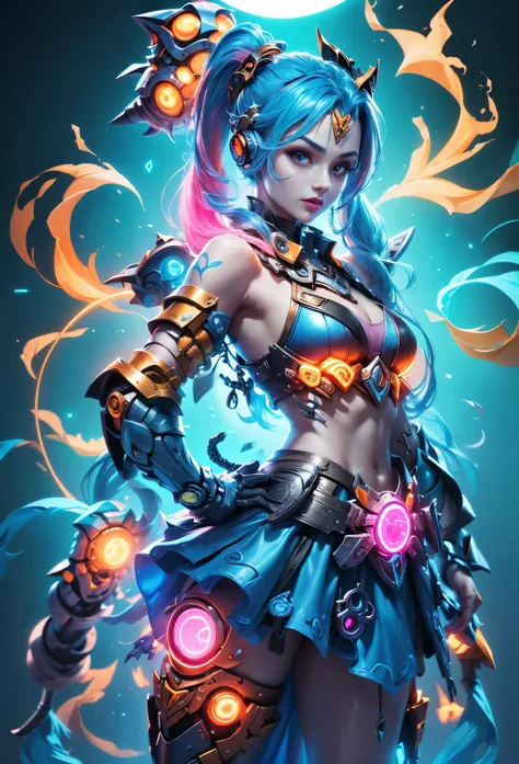 Jinx1024, Game character design，3D character rendering，(((Vector illustration style)))，League of Legends Jinx，((1girl，(Blue double ponytail: 1.5)，Blue braids，Red eyes，big laughter，future warrior，(Pink mechanical skirt: 1.3)，(A luminous magazine is tied aro...