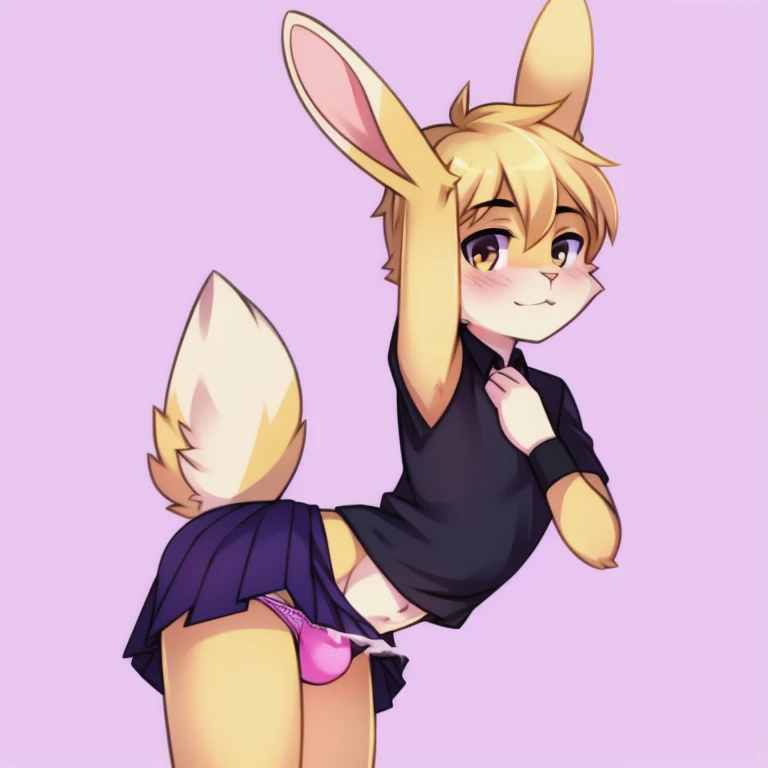 solo, male, rabbit, yellow colored fur, lean body, Anthropomorphic rabbit, femboy, Skirt, noticeable bulge, cum through panties