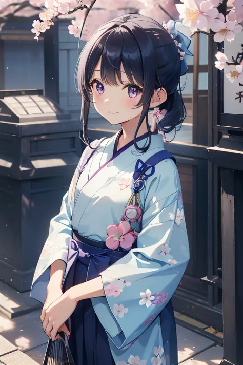 top-quality、extremely delicate and beautiful、Soio、Soio、8-year-old little girl、japanes、Lori、Chiquita、elementary student、Purple eyes、Black Hair Ponytail、((Light blue kendo suit))、((light blue floral haori))、big white ribbon on head、A smile、is standing、Facing...