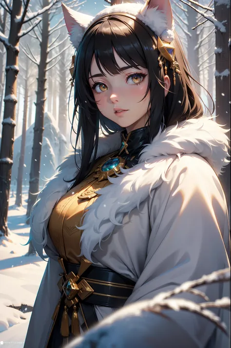 extreme quality, cg, detailed face+eyes, (bright colors), (anime), 1girl, impact, (winter), blizzard, time stop, sci fi, (tribal cat), (eskimo), animal ear fluff, fur trim, clouds, tan skin, (feather headdress), masterpiece, top tier, extravagant, 8k, unit...