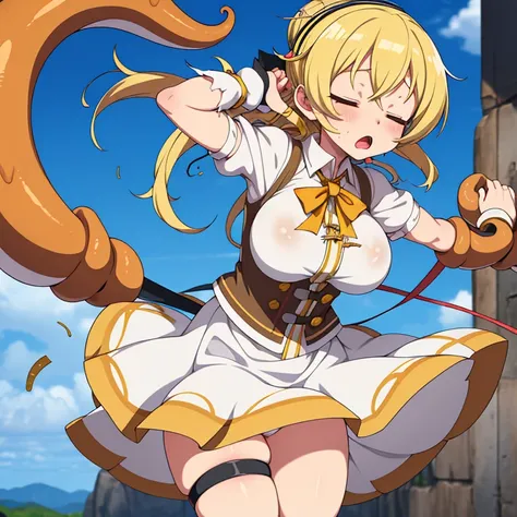 mami tomoe, big breast, blonde hair, drill hair, tentacle leash, skirt lifting, white underwear, choking,strangle, scenery, closed eyes, :o, pain, screaming, wind blow, tentacle around neck, (torn clothes:1.2)