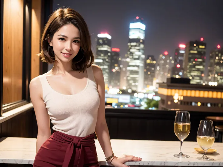 (64K, UHD, top quality, masterpiece: 1.2), (realistic, photorealistic: 1.37), super detailed, pretty woman 1 person, (slim face), (slim body), (brown hair), (short cut), cheeks slightly blushing, (35 years old), 38 years old, solo, beautiful detailed urban...