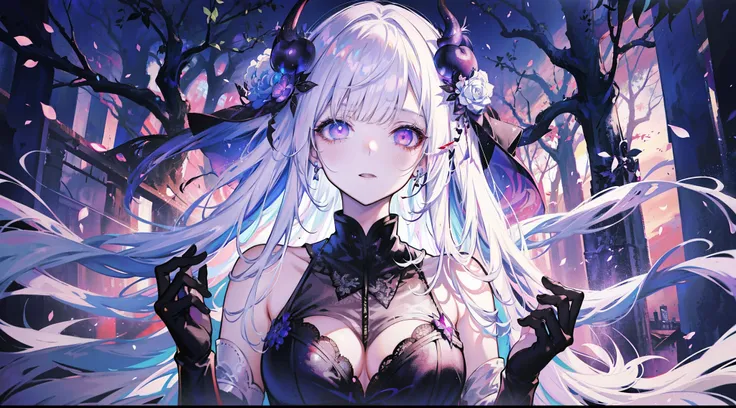 Anime manga girl，Has white hair，wearing a black dress，facing at the camera, seductive anime girls,Frost metallic lace, Blood-colored pupils，Dark art, 8K,like a dream,Complicated details,detailed digital anime art, Demon anime girl, detailed anime art, beau...