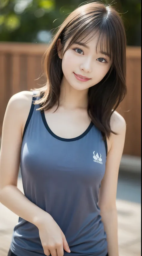 masutepiece, Best Quality, Photorealsitic, finely detail, hight resolution, 8K Wallpapers, Perfect dynamic composition, Beautiful detailed eyes, Medium short wavy hair,gray training wear、Body wet with sweat、Breast bulge、yoga pose、Beautiful armpits、A smile、...