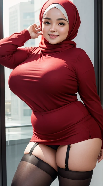 beautiful chubby woman wearing a hijab, wearing a red long-sleeved knitted shirt, wearing a mini skirt, stockings, big breasts, smiling sweetly, body details, face details, pose details, hand details, realistic quality, clear image