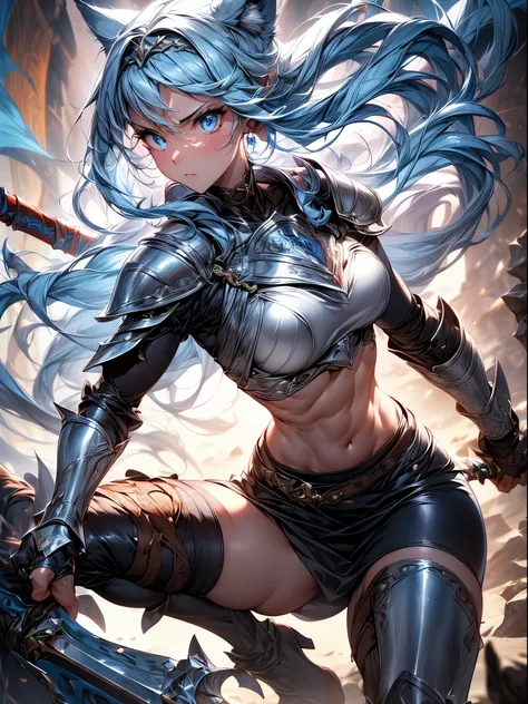 Absurdres ,1 girl,Serious,Silver hair,woman worrier ,Wolf ears,Blue eyes,Abs,muscular,Warrior Princess in Armor,
metallic armor with a breastplate,Leather skirt, leggings, and knee-high boots,Large battle axe and shield,
Crown,BREAK,(assaulting pose,cinema...