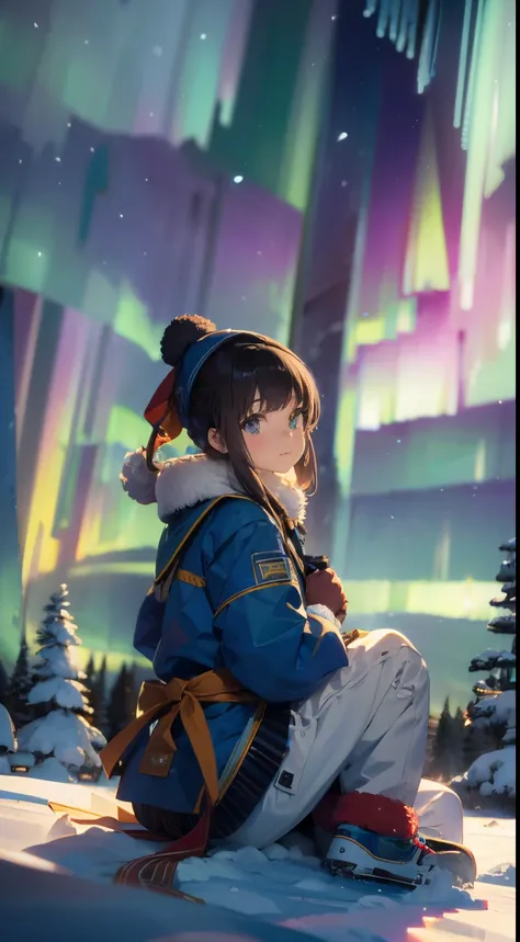 nigh sky, stele(Skysky), landscapes,Aurora, 1girl in, 独奏, Fluffy fur worn by Eskimos、warm pants、Warm gloves、fur hat、Looking away:1.5、(((watching the aurora:1.2)))、Looking away,plein air, built, 云,Aurora, sitting on, The tree, length hair, silhuette, snow m...