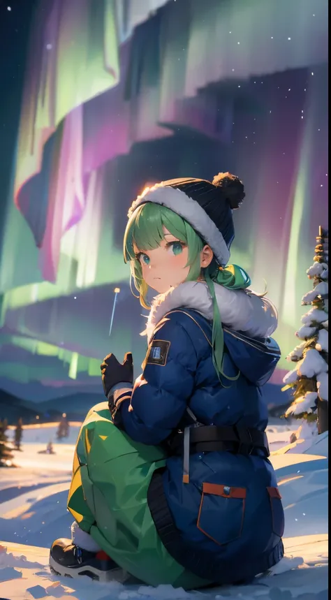 nigh sky, stele(Skysky), landscapes,Aurora, 1girl in, 独奏, Fluffy fur worn by Eskimos、warm pants、Warm gloves、fur hat、Looking away:1.5、(((watching the aurora:1.2)))、Looking away,plein air, built, 云,Aurora, sitting on, The tree, length hair, silhuette, snow m...