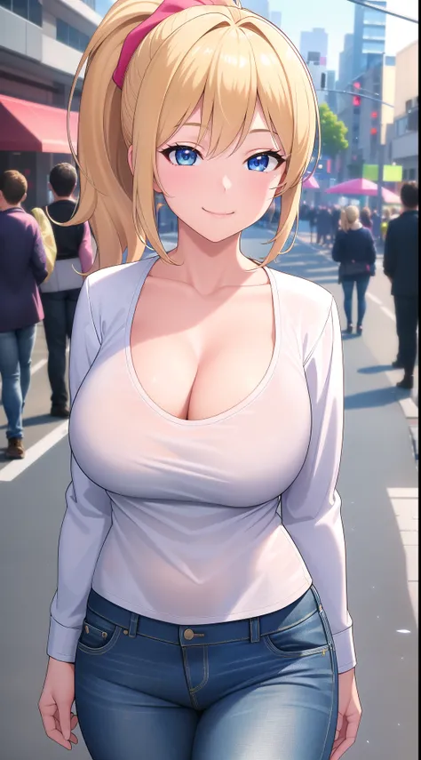 (best quality:1.5, highres, UHD, 4K, detailed lighting, shaders), blonde ponytail, large breasts, long sleeve tee, collarless, cleavage, jeans, smiling, (pov, close shot), standing, street background