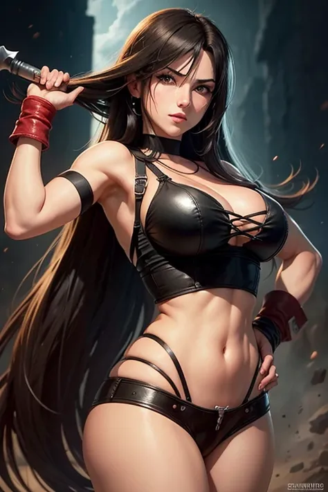 Tifa de Final Fantasy 7 com dano de batalha, calcinha preta, seios grandes