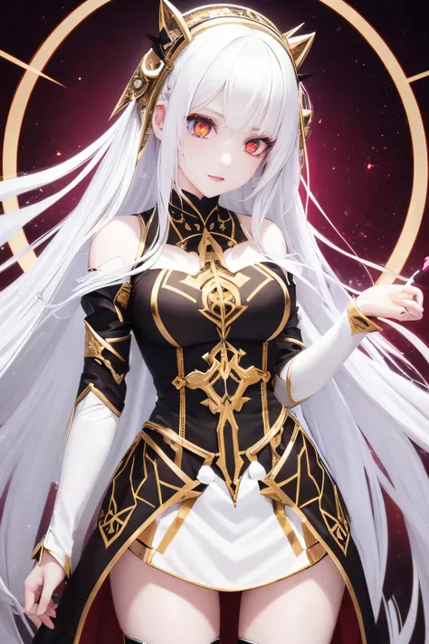 girl, long white hair, pale skin, a runic circle above her head, golden eyes with geometric figures in the pupil, metal armor with red luminous veins in the form of a white Gothic dress with gold inserts and metal patterns.