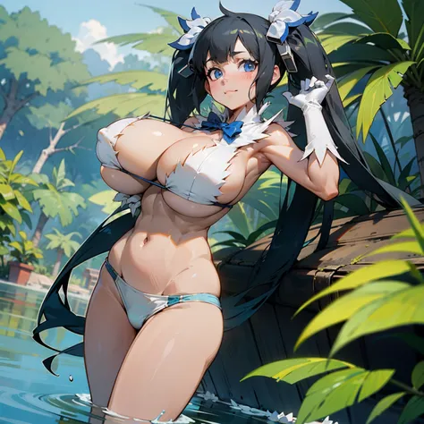 Hestia, huge tits, lake, jungle, sexy, hot, perfect tits, perfect body,  in bikini, closed mouth,