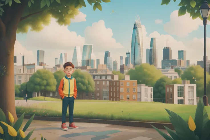 London, 2020: Amidst the dynamic cityscape, a quaint corner of Hampstead Heath provides the backdrop. A modern playground blends seamlessly with lush greenery and contemporary art installations. In this vibrant setting, a young boy named Claude stands out....