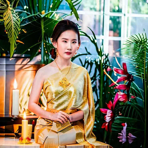 Masterpiece,araffe woman holding a lit candle in front of a body of water, tithi luadthong, anime thai girl, portrait shot, good lighted photo, floating lanterns, beautiful asian girl, Thai girl, beautiful asian woman, beautiful oriental woman, beautiful i...