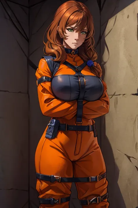 lisa, xtremely detailed , orange jumpsuit, folded arms, fidden hands, hidden fingers, harness bondage, straps {belt}, prison cell,