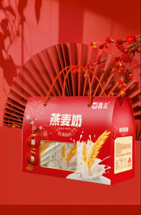 There is a red box，There is a red fan and a red flower inside, red and white color theme, Inspired by Puhua, 千 葉 雄 大, Heavy grain and high quality, Inspired by Zhu Lian, Middle Metaverse, Inspired by Ma Yuanyu, inspired by Zou Yigui, cereal box