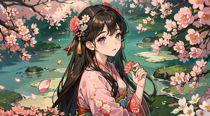 ((Masterpiece)),((Best Quality)),8K, High Detailed, Ultra-Detailed, a beautiful scenery with peach blossoms in full bloom, and in the center of it stands a stunning ((Hanfu)) clad girl. Her dress is a light pink color with delicate floral patterns, and her...