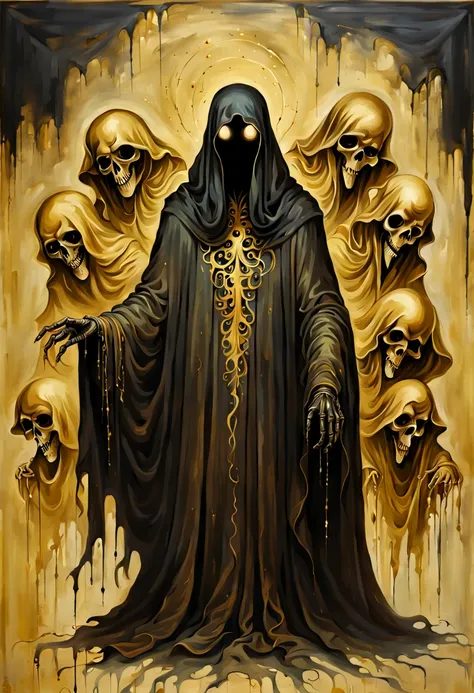 A painting of a dark ghost painted in gold, Cloak, Old and shabby, Simple background, Masterpiece, Detailed, High quality,Nine-headed body