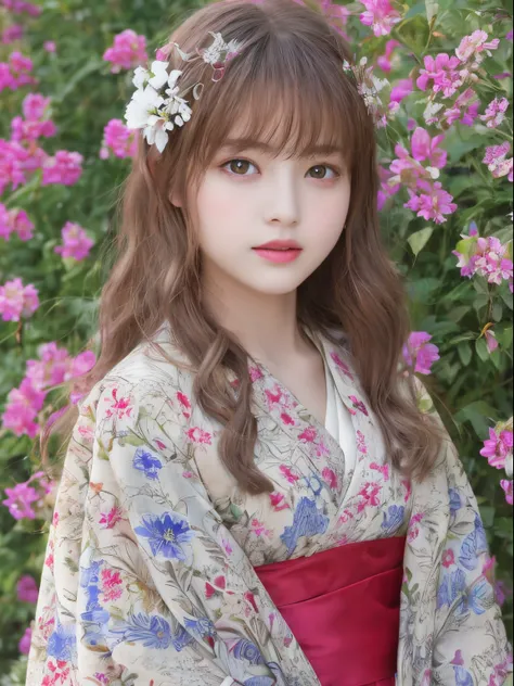 Best quality, Masterpiece, high resolution, Original, highly detailed wallpaper, Beauty,Gorgeous kimono、dress, Sad, Small face、teens girl、Real Human、Authentic、blond、Blue eyes、Foreigner、Old photos、Flowers bloom、happy、Pleasure、Red lips