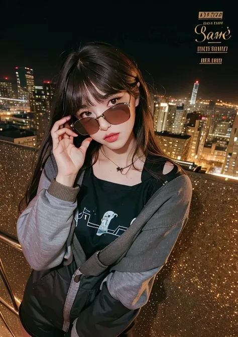 1girl, night, cityscape,city lights, upper body,close-up, 8k, RAW photo, best quality, masterpiece,realistic, photo-realistic, (long hair), (brown hair), (with bangs), swag face