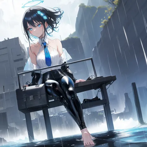 ((a far view)) of a black-haired anime teen girl, (sitting in the (river)), ((strong sunlight)), cinematic light, slim body, ski...