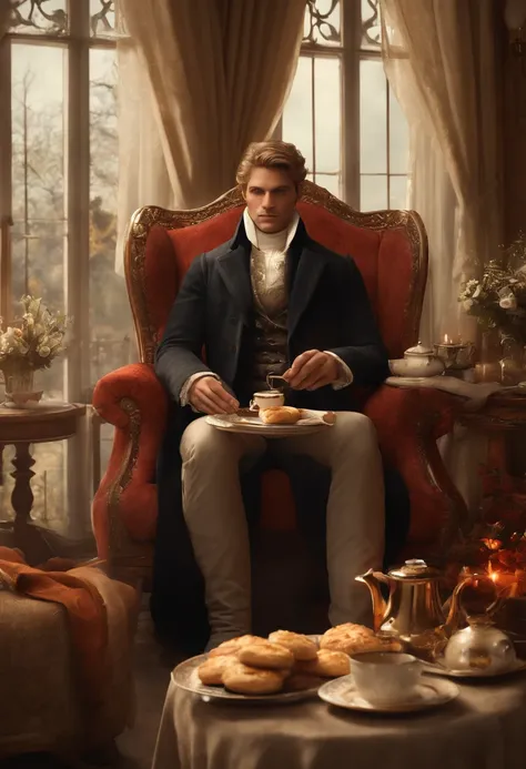 The image is of Ominis Gaunt sitting in a cozy armchair by the fireplace, holding a plate of warm scones and a steaming cup of black tea.,original,Ominis is of average height and quite thin. His skin is very pale but he has a beauty marks. His hair is blon...