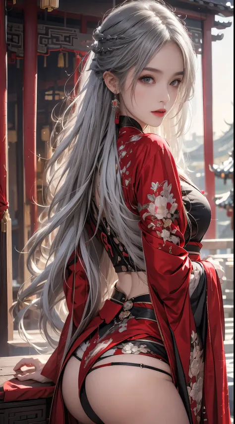 realistically, A high resolution, 1人の女性, butt lift, pretty eyes, Long gray hair, eye socket, jewely, tattoo is, Hanfu, a beautiful woman in china, Red embroidered Hanfu，Red cape，