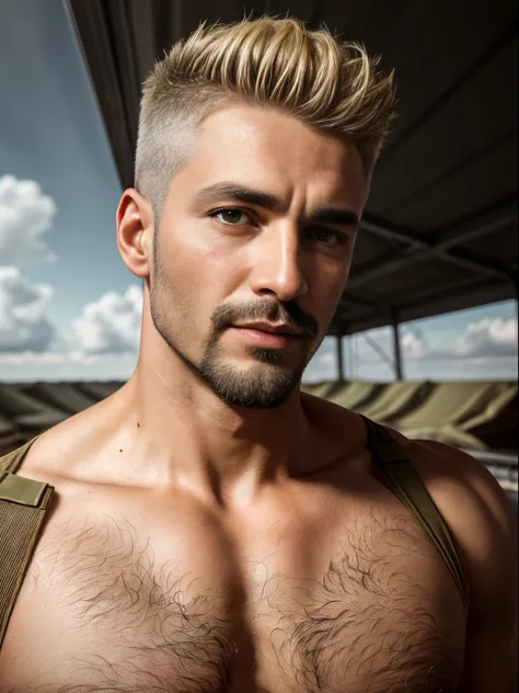 masterpiece, best quality, high resolution, closeup portrait, male focus, solo focus, A man, 35 years old, with military clothes, soldier, blonde bleached hair, messy hairstyle, cute and seductive face, bare chest, body hair, facial hair, roman nose, very ...