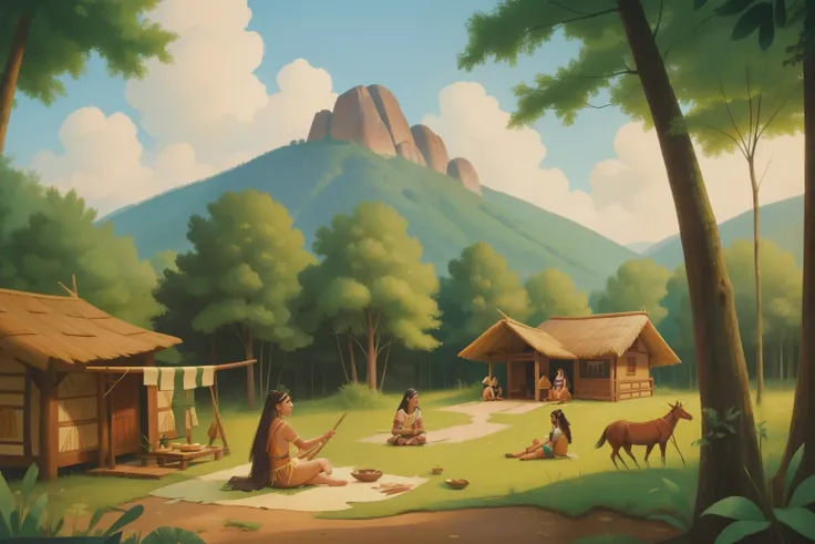 Powhatan Village, 1610: Amidst the lush forests of Tsenacomoco, Pocahontas, a woman in her early 20s, engages in daily life. The photogram showcases traditional Powhatan activities—crafting, storytelling, and communal gatherings. The backdrop of verdant wo...