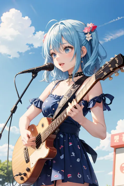 Under the blue sky、A cute girl playing the guitar、Clothes are((Musical note pattern dress))is，There are many around((Note mark))there is a、she wants to be a rock star8Ｋ、Japanese(rock anime style)、