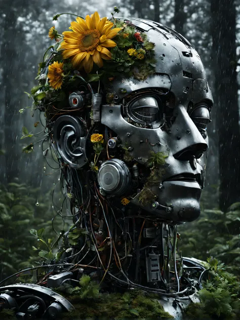 photo of a decayed male robot 45 degrees side view, with the top half of his head cut off, no brain, instead filled with wires, circuits, short plants and flowers, half of body is melted into the ground, eyes closed, wet with rain, masterpiece, high res, i...