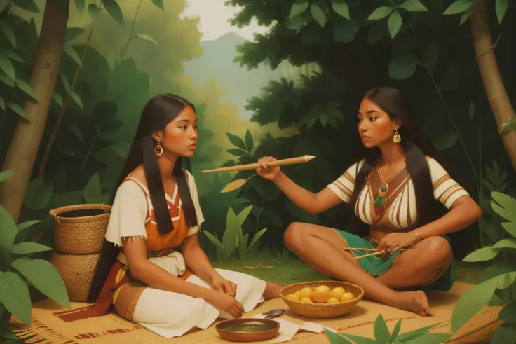 Powhatan Village, 1610: Amidst the lush forests of Tsenacomoco, Pocahontas, a woman in her early 20s, engages in daily life. The photogram showcases traditional Powhatan activities—crafting, storytelling, and communal gatherings. The backdrop of verdant wo...