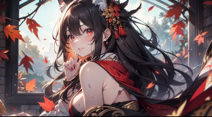 （tmasterpiece：1.4, Best quality））, （hyper-detailing）, （Ultra-detailed eyes）, （fox ear：1.5）, （cute girls）, 15year old, pale-skinned, red bird feathers, vacant eyes, dark red lips, （She wears a conservative black kimono, red pattern, ：1.5）, （Gray scarf：1.4）,...