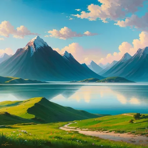 Oil painting of mountain and sea scenery