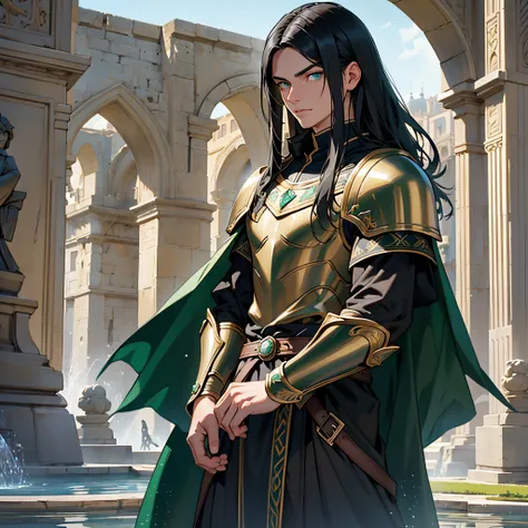 black long hair man, Straight hair, bright green eyes, Eye reflection, Medieval armor and dark green cloak, teenager, Palacio Ambience, Beautiful appearance, Anatomically accurate., Masterpiece, super detaill, High Quality, Best Quality, 8K, One Man&#39;​m...