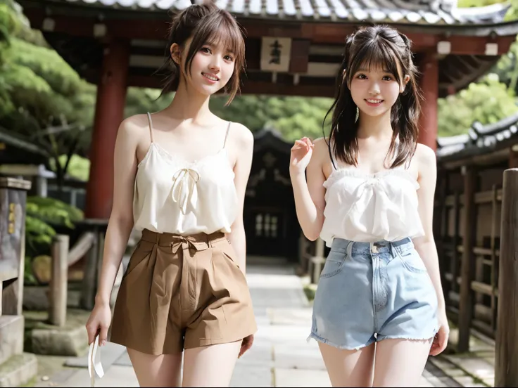 Two girls walking through an old Japanese shrine,Casual wear for holidays,Ribbon with a small ribbon attached to the hair,18year old,Bangs,A little smile,thighs thighs thighs thighs,poneyTail,short cut hair,close up of face