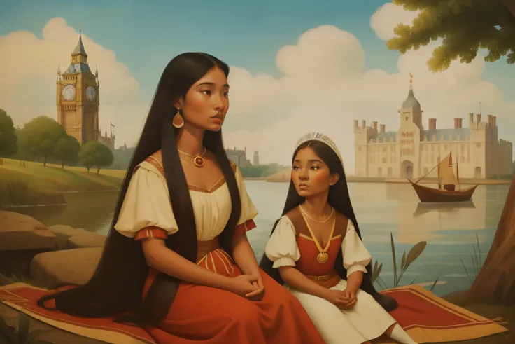 London, 1616: Pocahontas, now a young mother in her mid-20s, experiences the contrasting world of Jacobean England. The photogram captures her in elegant Jacobean attire against the backdrop of a stately London estate. Symbols of the Powhatan culture inter...