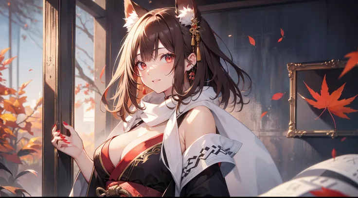 （tmasterpiece：1.4, Best quality at best））, （hyper-detailing）, （Ultra-detailed eyes）, （fox ear：1.5）, （cute girls）, 15year old, pale-skinned, red bird feathers, Empty eyes, dark red lips, （She wears a solemn black kimono, red pattern, ：1.5）, （Gray scarf：1.4）...