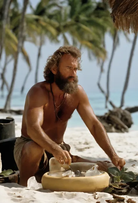 A photo of Chuck constructing a make-shift solar still to collect drinking water.,Cast Away (film),Chuck Noland, portrayed by Tom Hanks in the film “Cast Away,” is currently stranded on a deserted island in the Pacific Ocean.  Sunburnt and bearded, with lo...