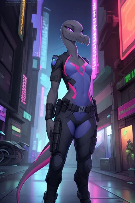 female, solo, salazzle, wearing a (tactical cyberpunk police uniform) in the streets of a cyberpunk city at midnight,character design by charlie bowater, ross tran, artgerm, and (makoto shinkai), detailed, inked, western comic book art,