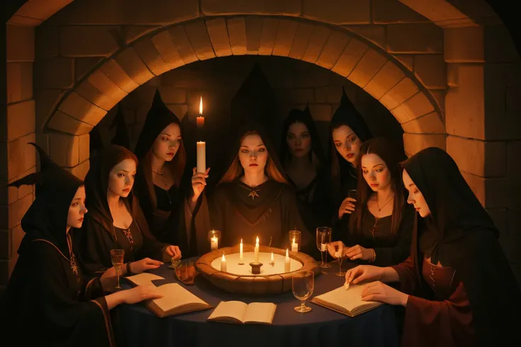 Witches Congregation, Prague, 1591: The scene unfolds in a hidden chamber where a witches congregation gathers. Candlelight casts flickering shadows on the faces of witches, vampires, and daemons, creating an atmosphere of secrecy. The air is thick with ma...