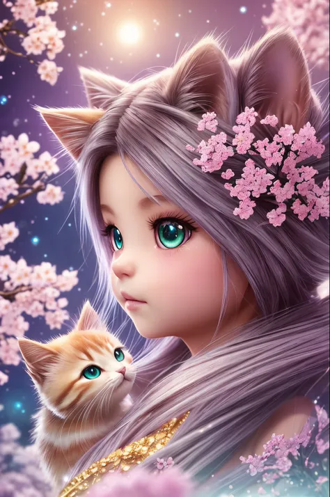 side view, oversaturate, colorfully, Fairytale, dreamlike, Cinematic character render, oil painting, 3D, 8k resolution, sequins, glitter, sakura forest, moonlight, Close up Portrait adorable chibi kawaii anthropomorphic kitten king, Detailed eyes, large ro...