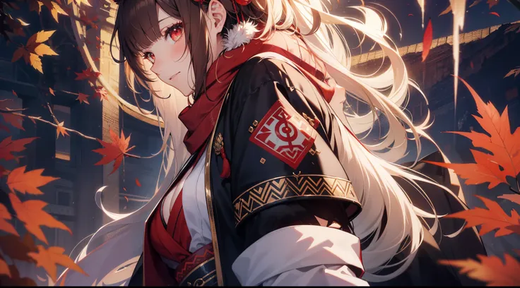 （tmasterpiece：1.4, Best quality at best））, （hyper-detailing）, （Ultra-detailed eyes）, （fox ear：1.5）, （Cute girls）, 15year old, pale-skinned, red bird feathers, Empty eyes, blue lip color, （She wears a gorgeous black kimono, Red cloud pattern, ：1.5）, （White ...