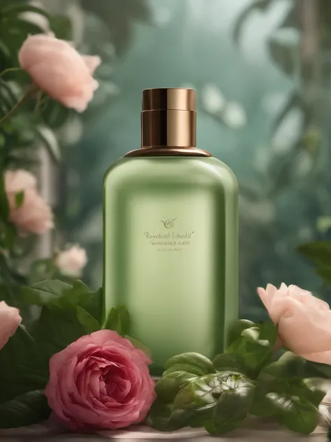 A bottle of body lotion surrounded by some flowers，Surrounded by complex greenery communities，OC rendering，Match the environment，exquisite curve，Expression mysterious，noble，𝓡𝓸𝓶𝓪𝓷𝓽𝓲𝓬