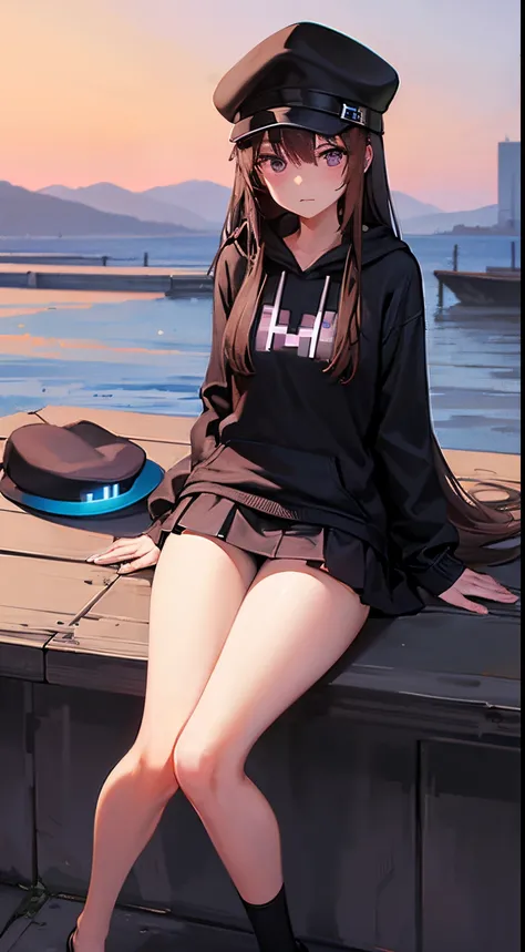 1girl, enderman, minecraft, nice body, perfect thighs, long hair, brown hair, purple eyes, wearing black hoodie, wearing hat, short skirt, black stockist, sitting, outdoors