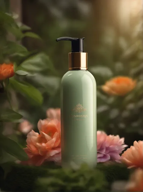 A bottle of body lotion surrounded by some flowers，Surrounded by complex greenery communities，OC rendering，Match the environment，exquisite curve，Expression mysterious，noble，𝓡𝓸𝓶𝓪𝓷𝓽𝓲𝓬