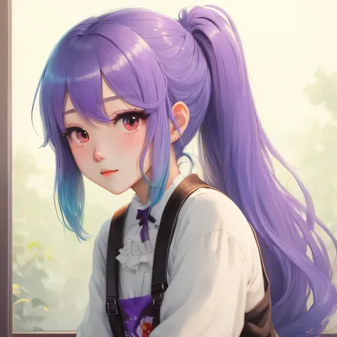 Hair color purple　poneyTail　Eyes are blue　Hair is fluffy　Proseca　Mafuyu Asahina