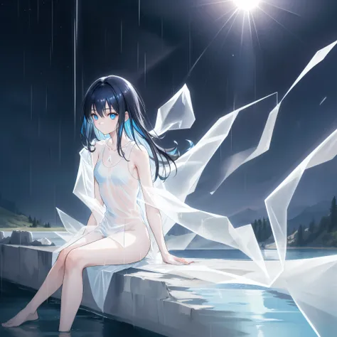 ((A far view)) of a black-haired anime teen girl, (sitting in the (river)), ((strong sunlight)), cinematic light, slim body, skin is perfectly healthy, soft, and smooth, Extremely delicate and beautiful CG illustration, best quality, high resolution, dynam...